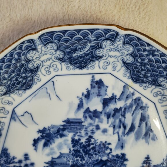 Vintage Japanese Arita Blue & White Landscape Charger Plate 12” – Brown Rim –... - Picture 7 of 13